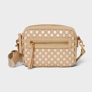Woven Checkerboard Camera Crossbody Bag